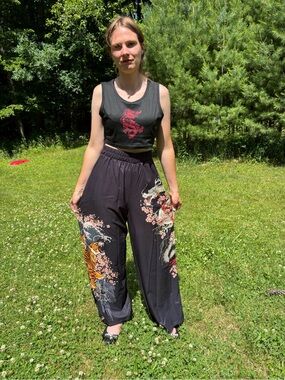 ROMWE Dragon, Tiger, & Floral Print Casual Pants